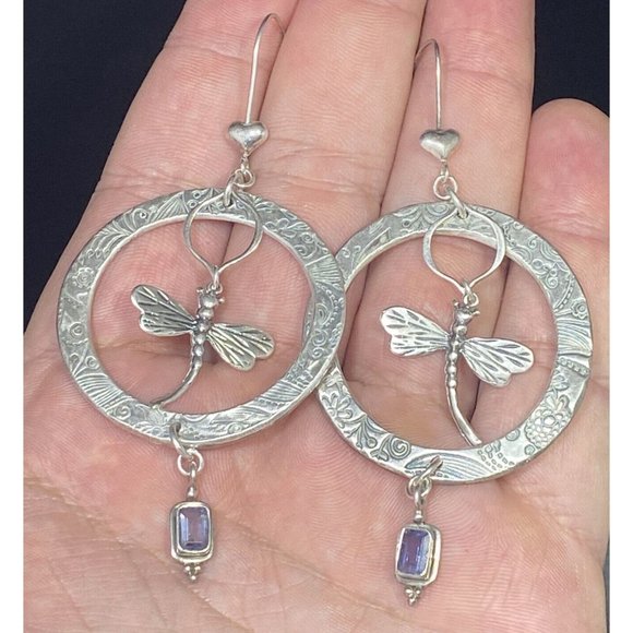 Large 925 Dragonfly Hoop Earrings Dangle Drop Amethyst Etched Fine Insect Unique - Picture 1 of 7